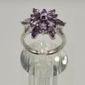 .925 Sterling Silver Flower Natural Amethyst Ring Size 9 Value $635